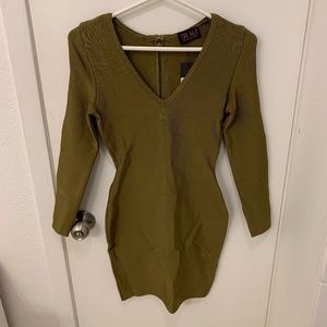 Hot Miami Styles Olive Green Long Sleeve Dress (S)